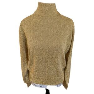 Vintage Evan Picone Gold Lurex Turtleneck Sweater Metallic Knit Party Top Sz M